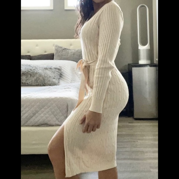 Merokeety Women's V-Neck Cable Knit Sweater Dress w Belt Apricot Stunning XL NWT - Picture 11 of 14